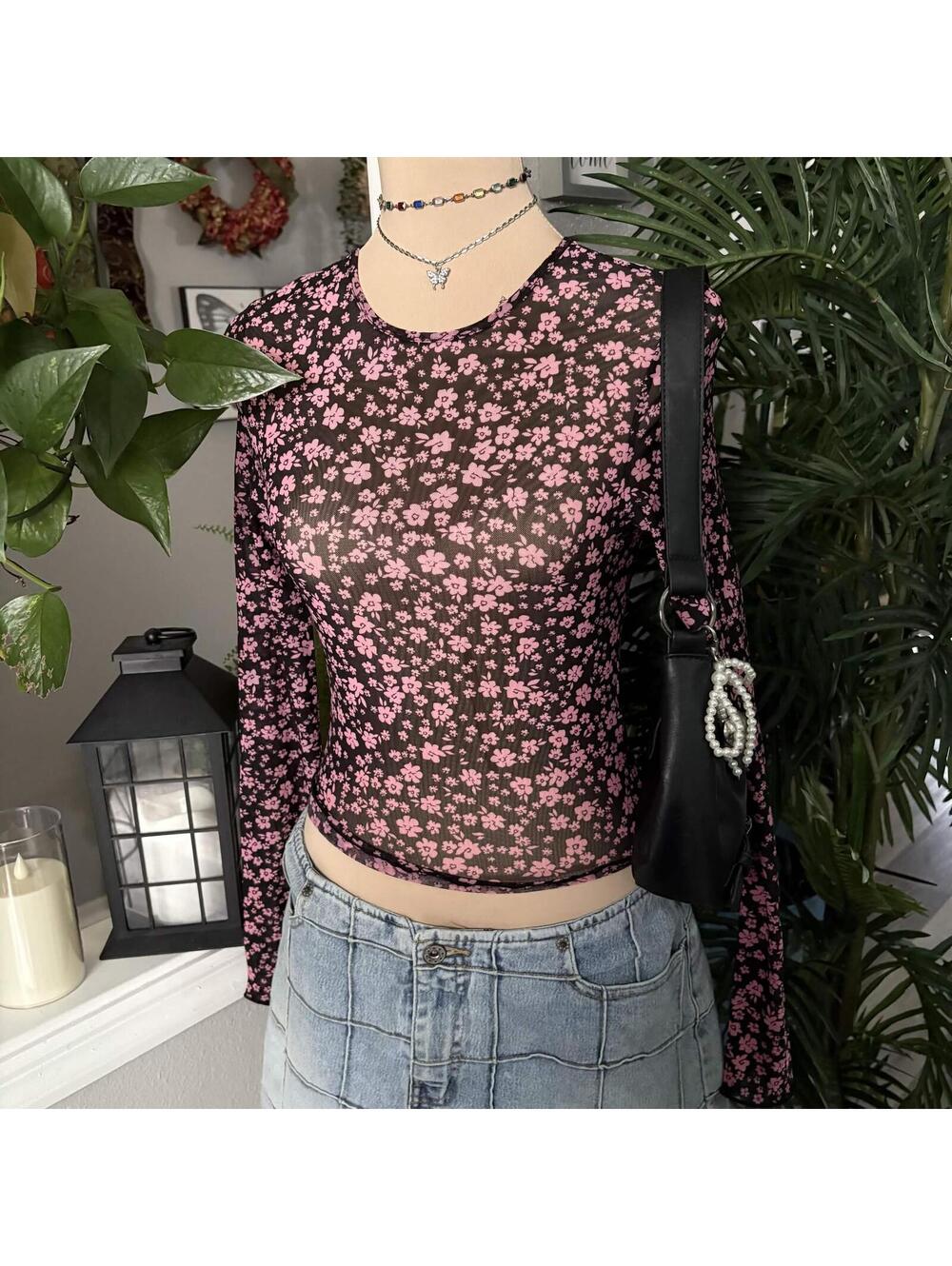 pink and black floral micro mesh long sleeve